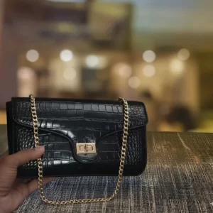 Black crocodile leather-texture crossbody bag front view with gold chain – Vibe Totes