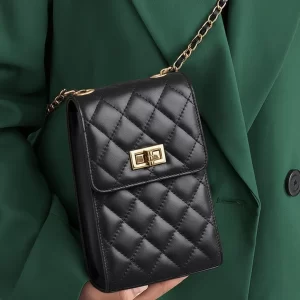 Black quilted leather ladies bag with chain strap, used as a crossbody bag and women’s wallet – Vibe Totes.
