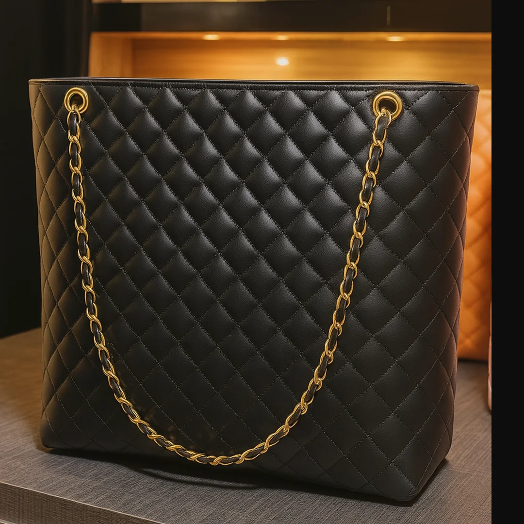 Black quilted leather tote bag with gold chain straps β front view | Ladies Tote Bag Pakistan β VibeTotes