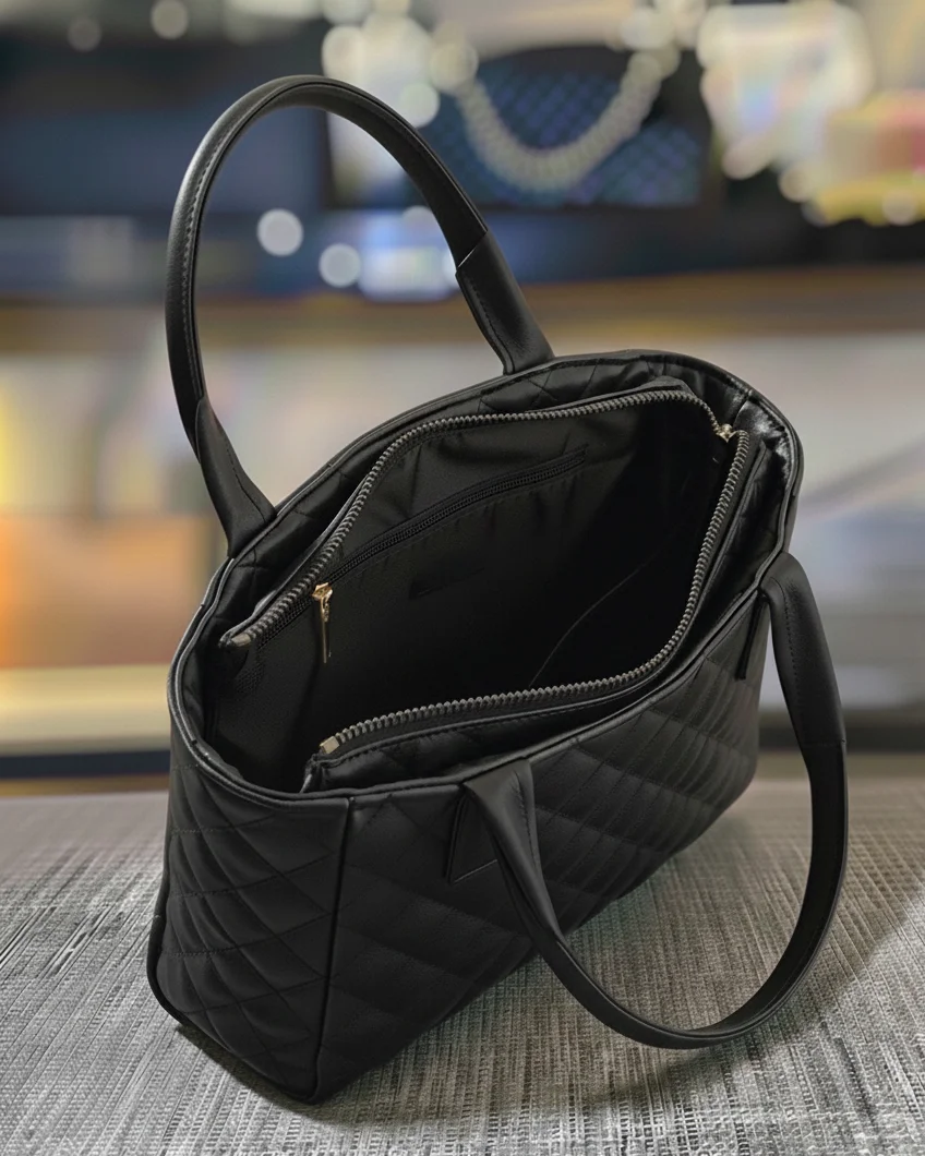 Black quilted leather ladies shoulder bag texture inner view – Vibe Totes