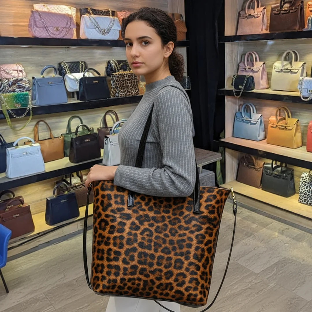 Woman carrying leopard print tote bag and ladies bag – Vibe Totes