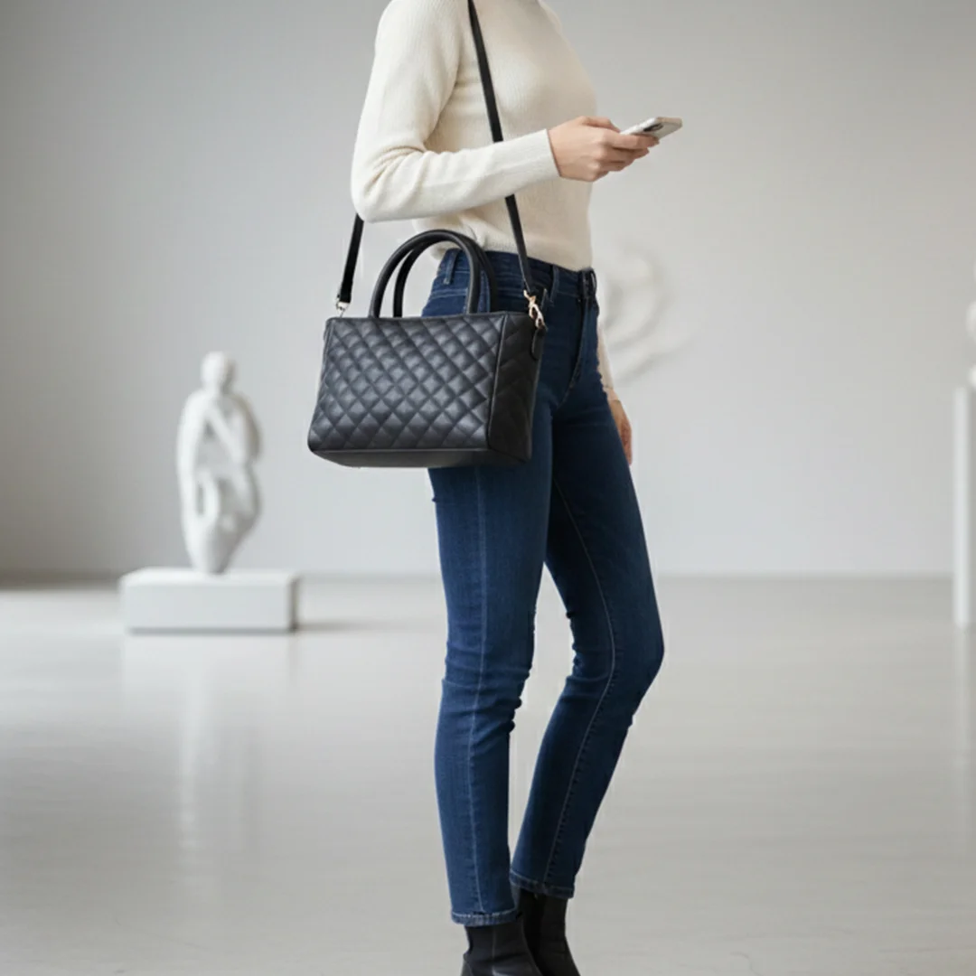 Model carrying the black quilted leather ladies shoulder bag texture – Vibe Totes