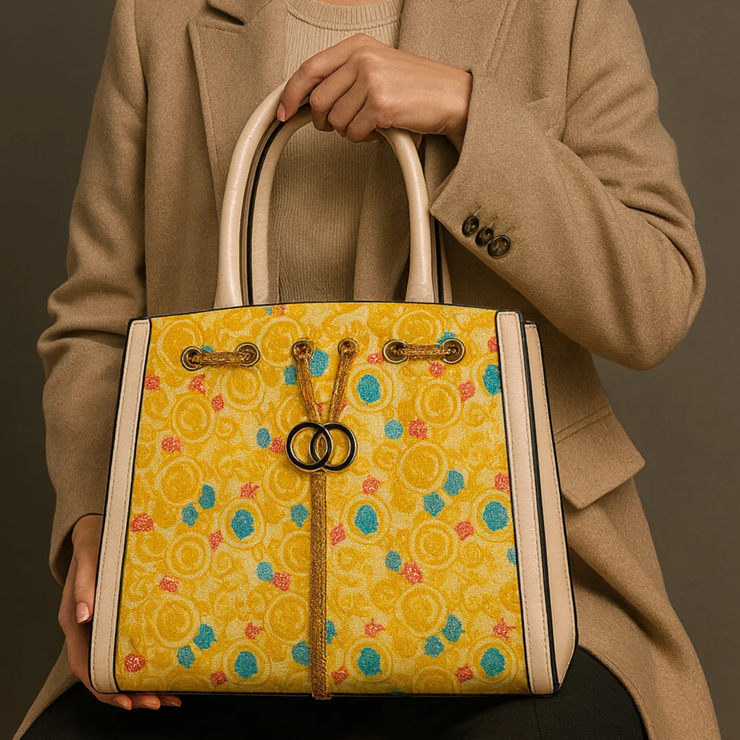 Woman carrying a yellow multicolor shoulder bag with elegant top handles – Vibe Totes Pakistan