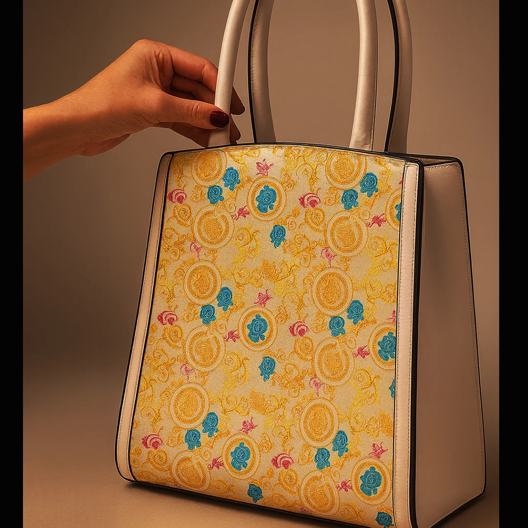 Back view of yellow multicolor shoulder bag with premium textured pattern – Vibe Totes