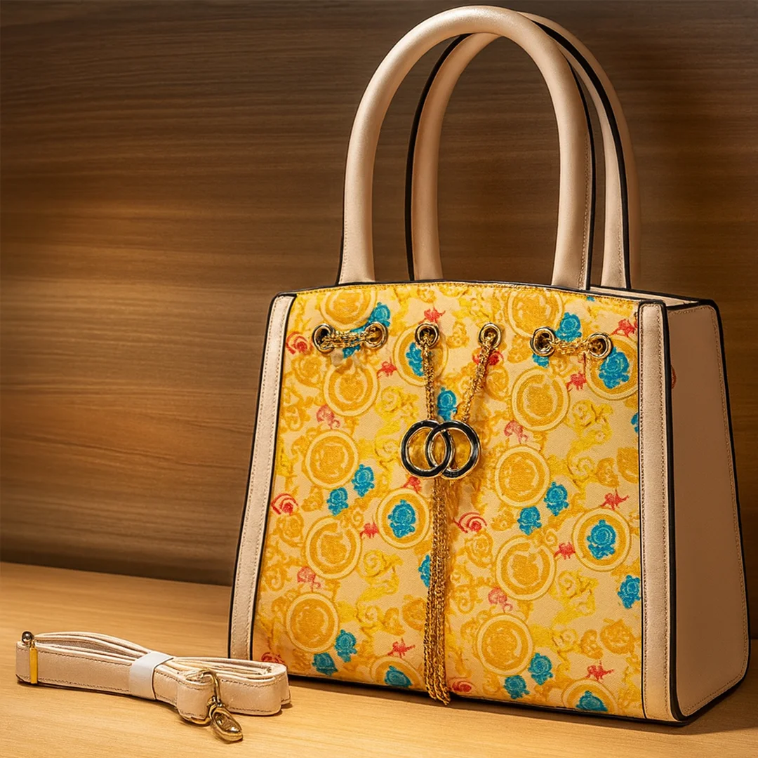 Front view of yellow multicolor ladies shoulder bag with gold accents – Vibe Totes Pakistan