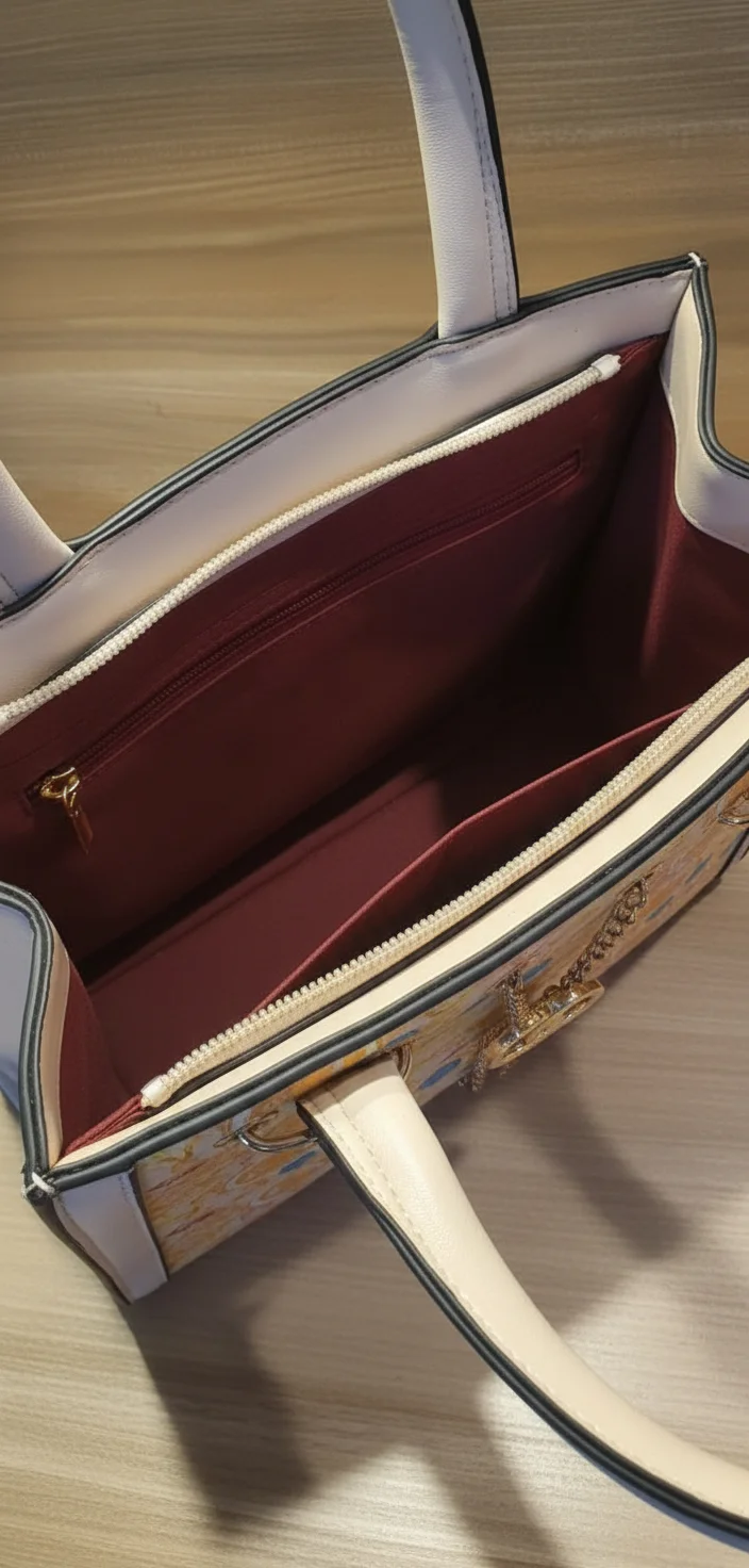 Inner view of yellow multicolor shoulder bag showing maroon fabric lining and compartments – Vibe Totes