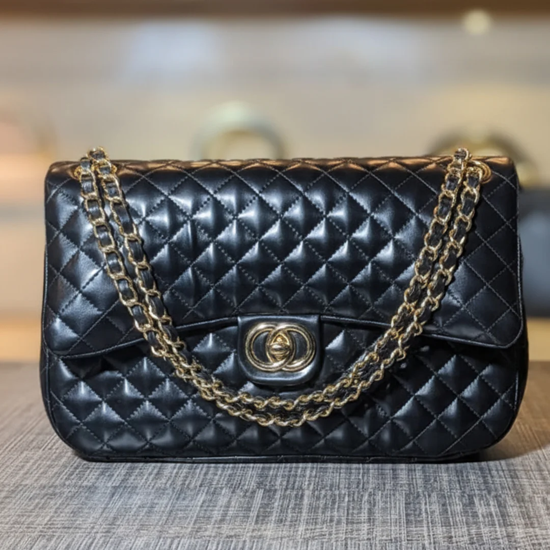 Black quilted ladies shoulder bag with gold chain – front view