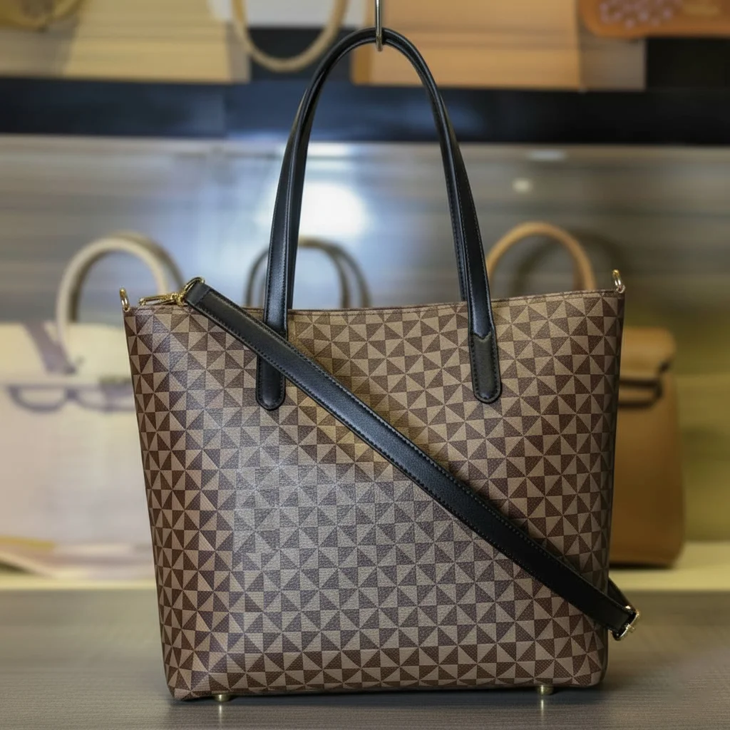 Brown geometric ladies tote bag with black handles β front view