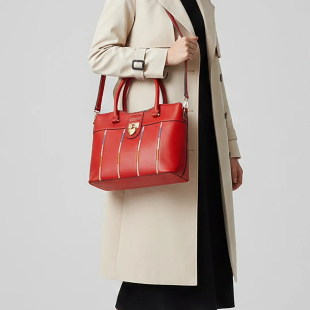 Woman carrying a red shoulder handbag with gold accents – ladies bag by Vibe Totes Pakistan