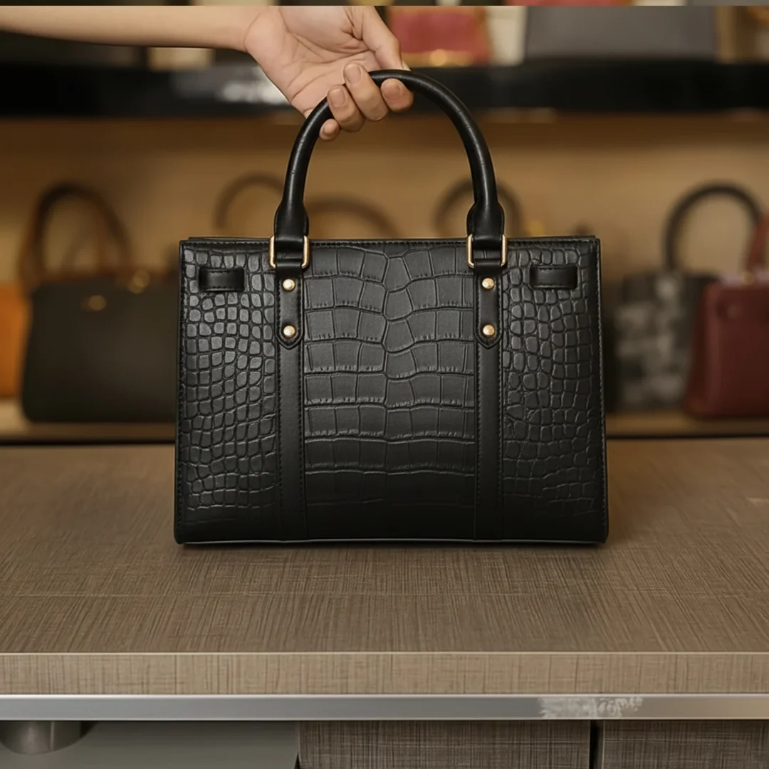 Back view of Black crocodile-Leather Shoulder bag with top handles from VibeTotes