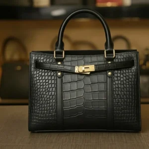 Front view of Black crocodile-Leather Shoulder bag with top handles from VibeTotes