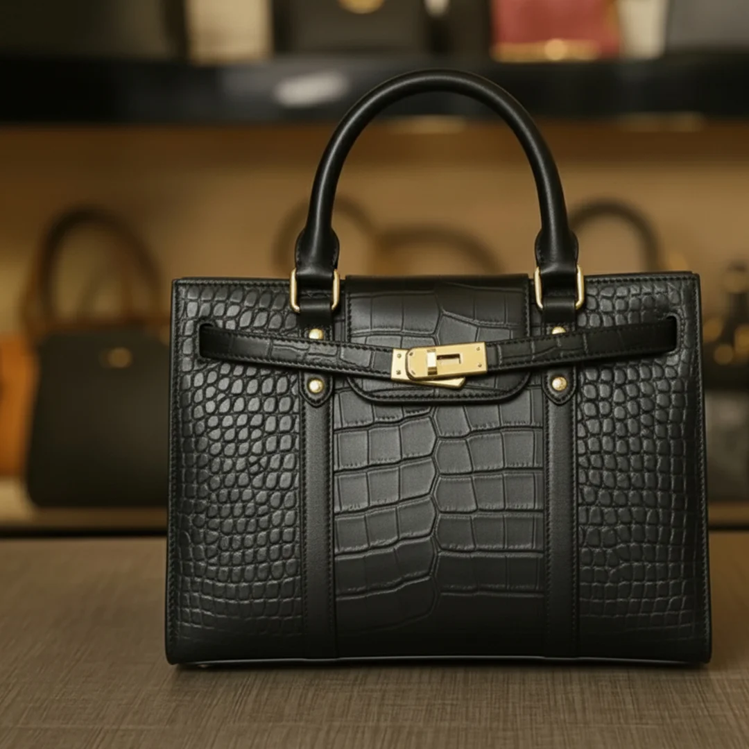 Front view of Black crocodile-Leather Shoulder bag with top handles from VibeTotes