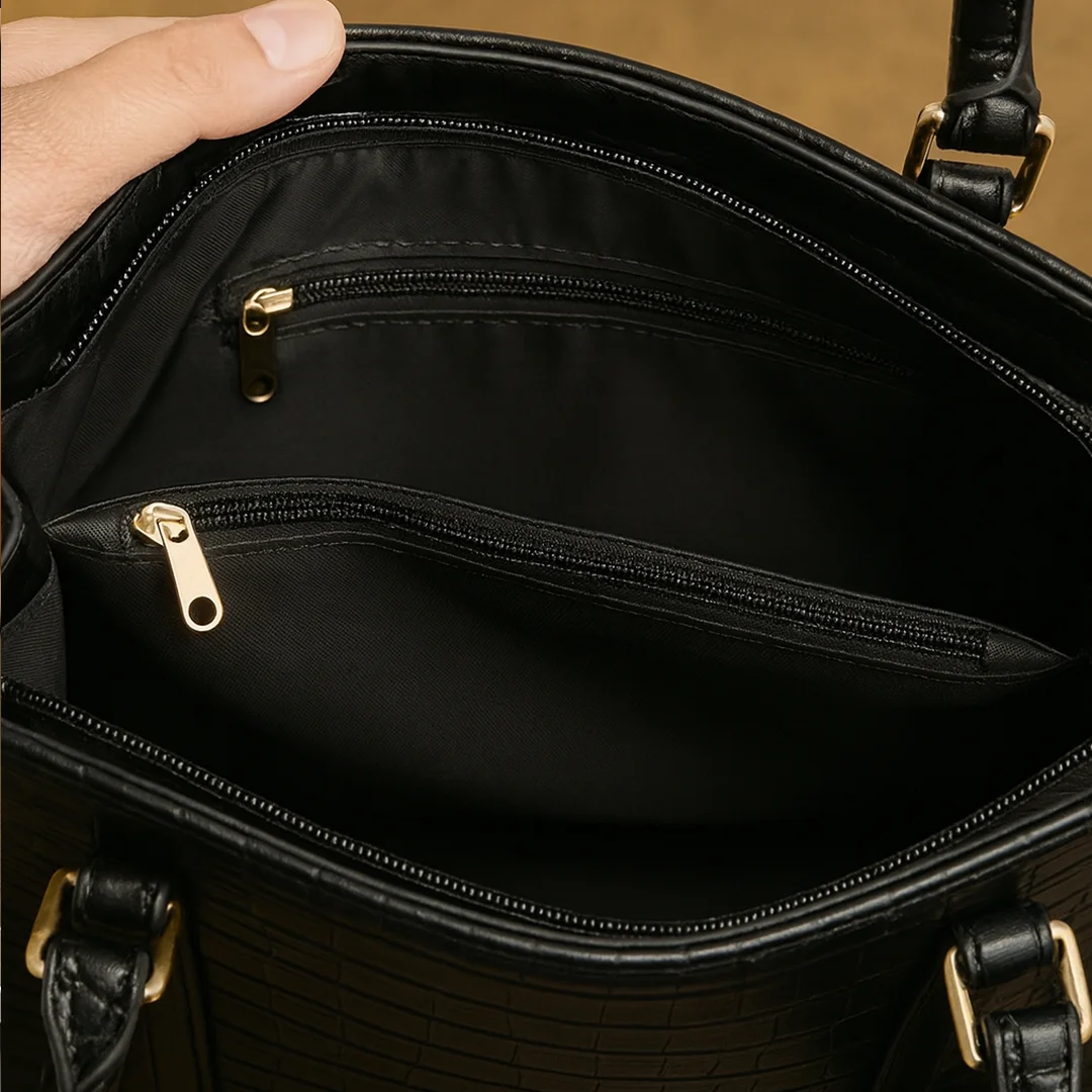 inner view of Black crocodile-Leather Shoulder bag with top handles from VibeTotes