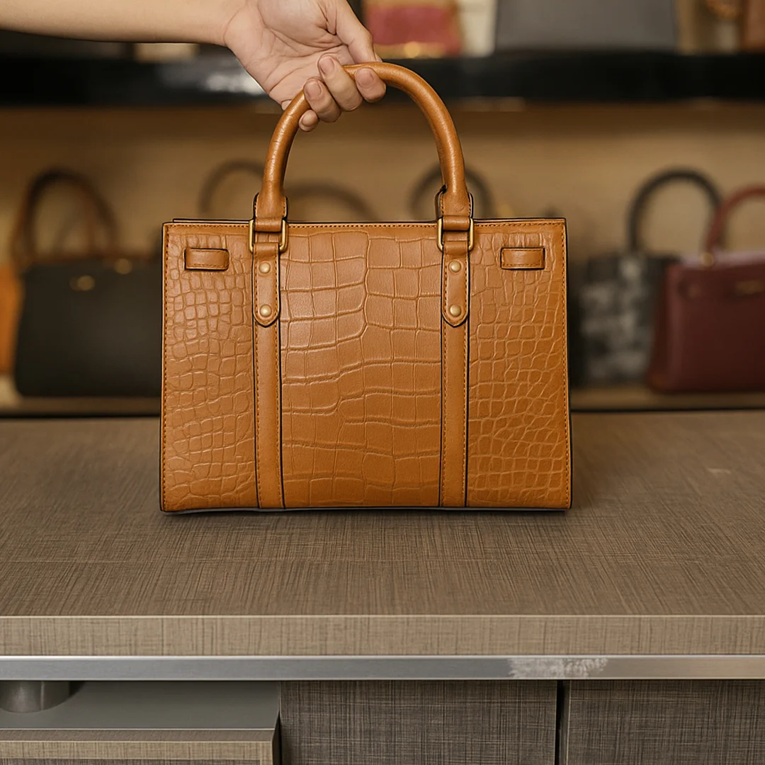 Back view of Brown crocodile-Leather Shoulder bag with top handles from VibeTotes
