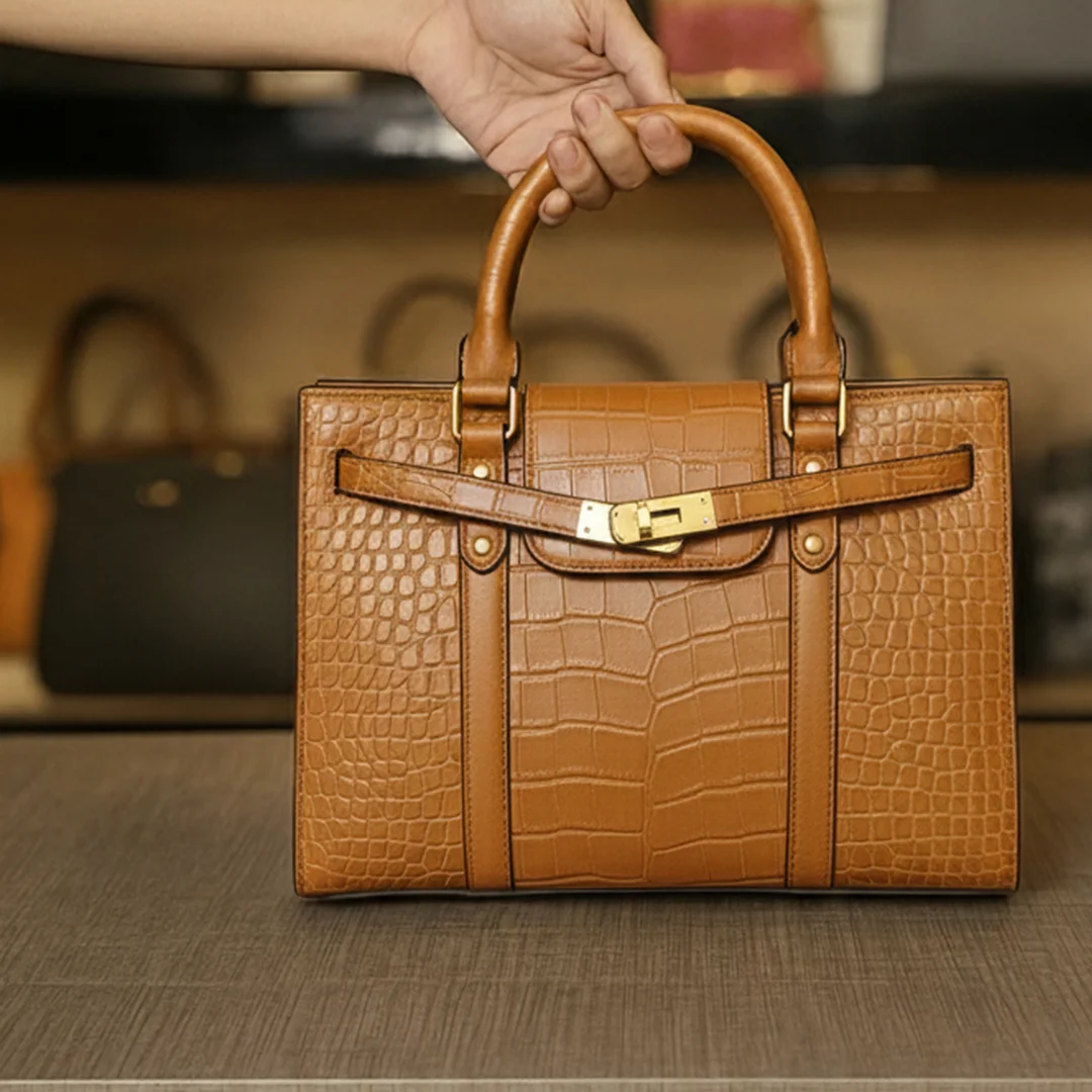 Front view of Brown crocodile-Leather Shoulder bag with top handles from VibeTotes