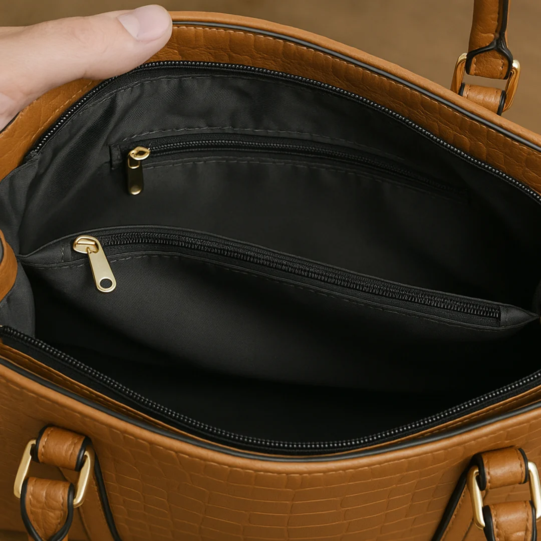 inner view of Brown crocodile-Leather Shoulder bag with top handles from VibeTotes