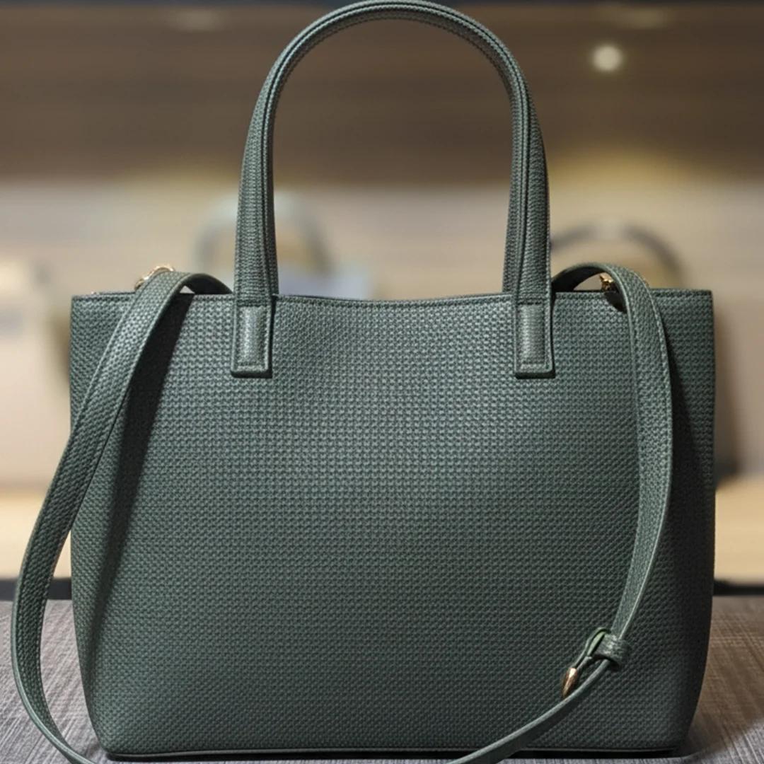Front view of the dark green ladies tote bag with dual handles from Vibe Totes