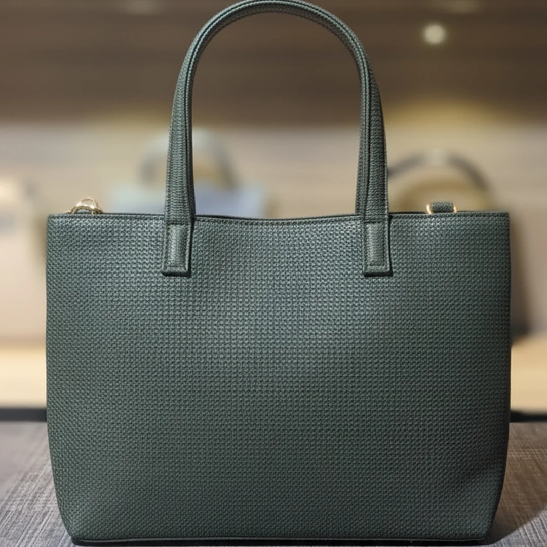 Dark green textured ladies tote bag displayed upright from Vibe Tot