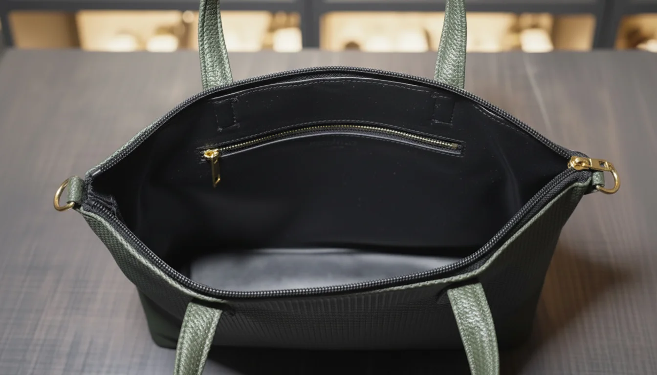 Inner view of the dark green ladies tote bag showing spacious compartment and zipper pocket