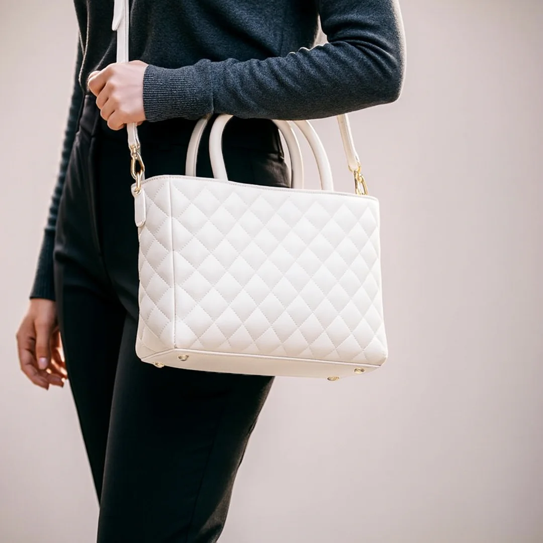 Model carrying a white quilted shoulder bag from Vibe Totes, perfect for everyday use.