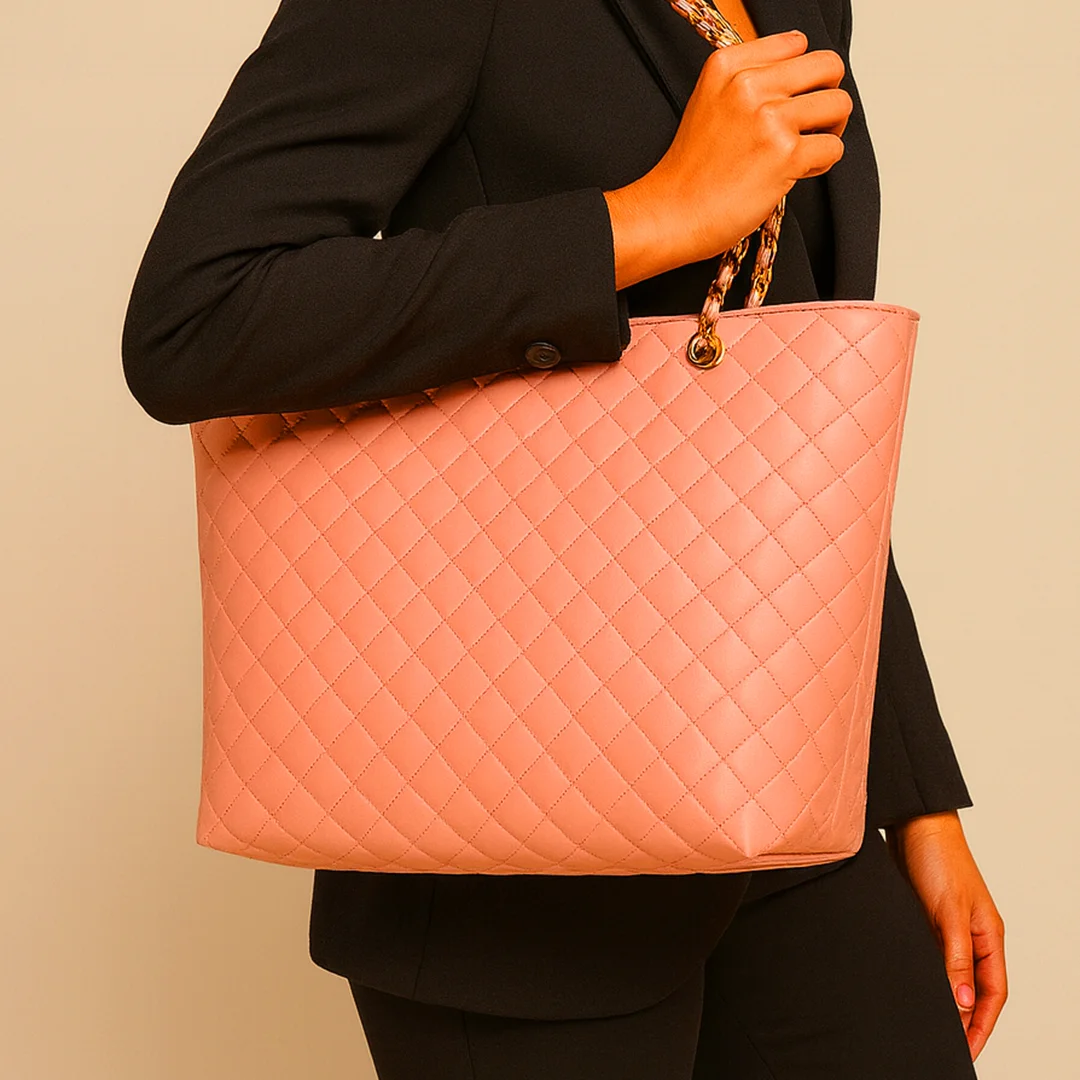 Model Carrying the Pink Quilted Leather Tote Bag