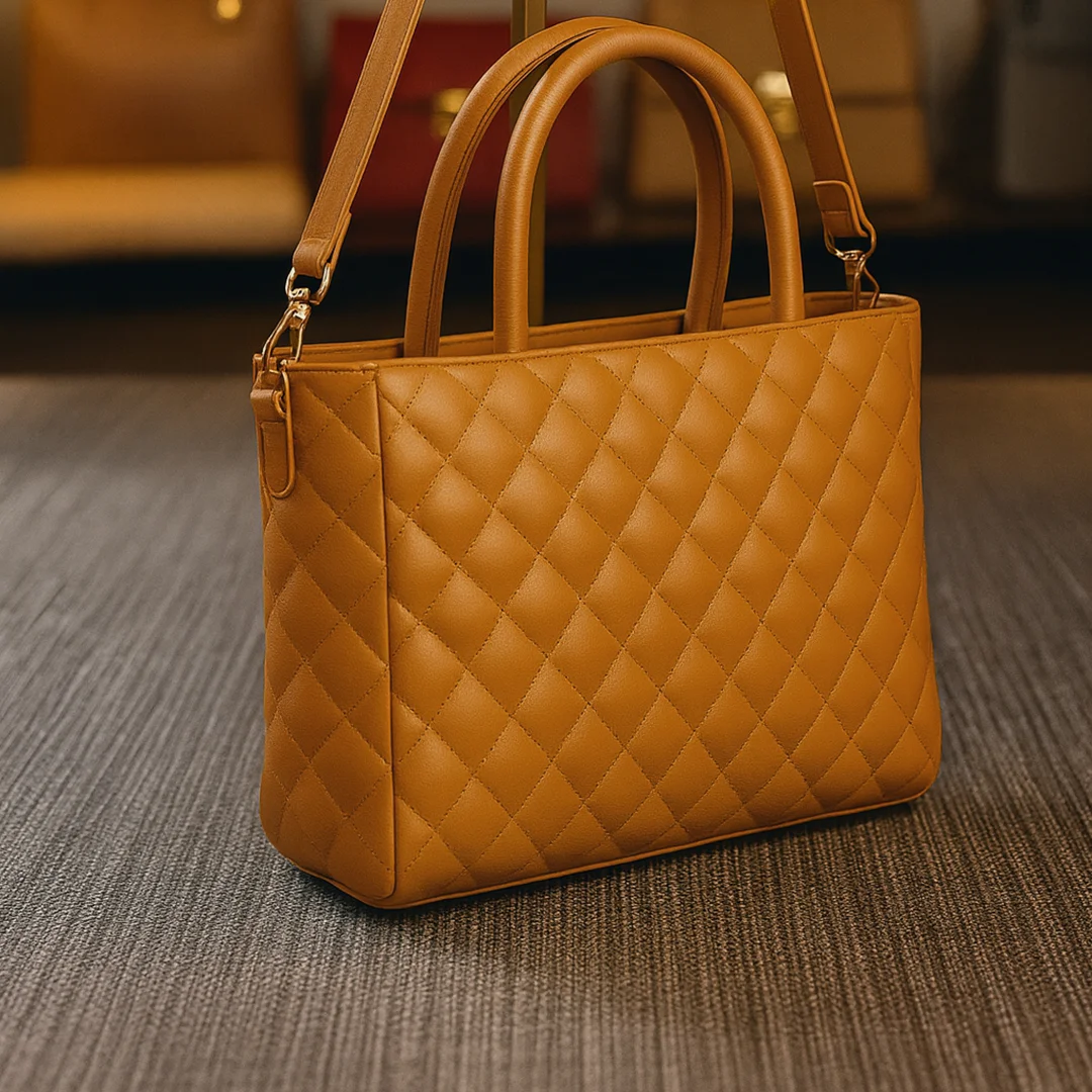 Mustard quilted shoulder bag with top handles and strap by Vibe Totes