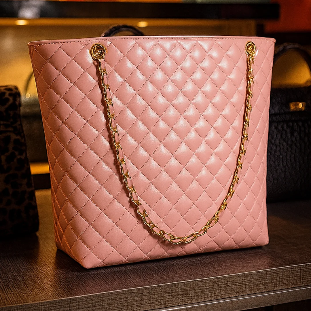 Pink Quilted Leather Tote Bag Front View