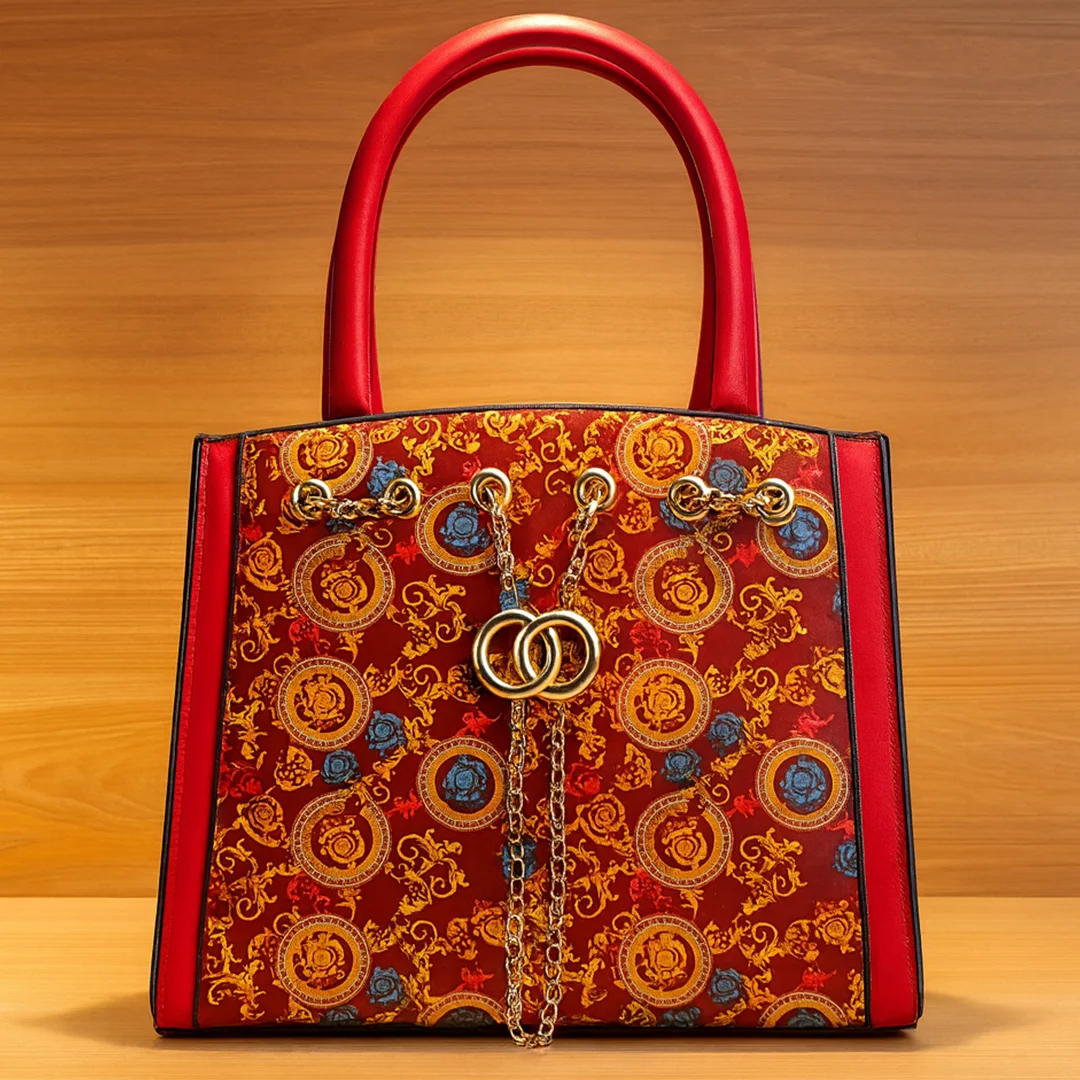 Front view of red multicolor ladies shoulder bag featuring ornate patterned desi