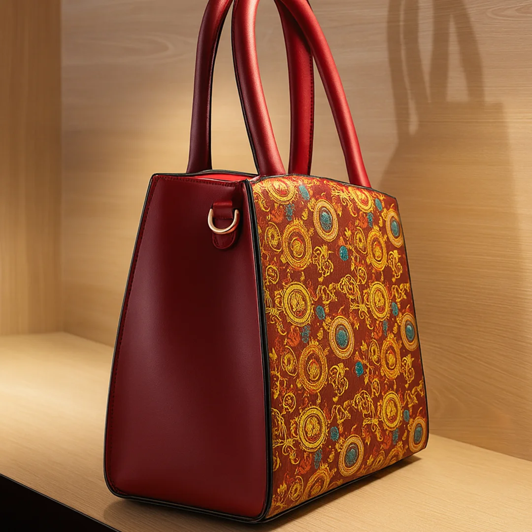 Red multicolor designer ladies shoulder bag with gold chain decoration from Vibe Totes.
