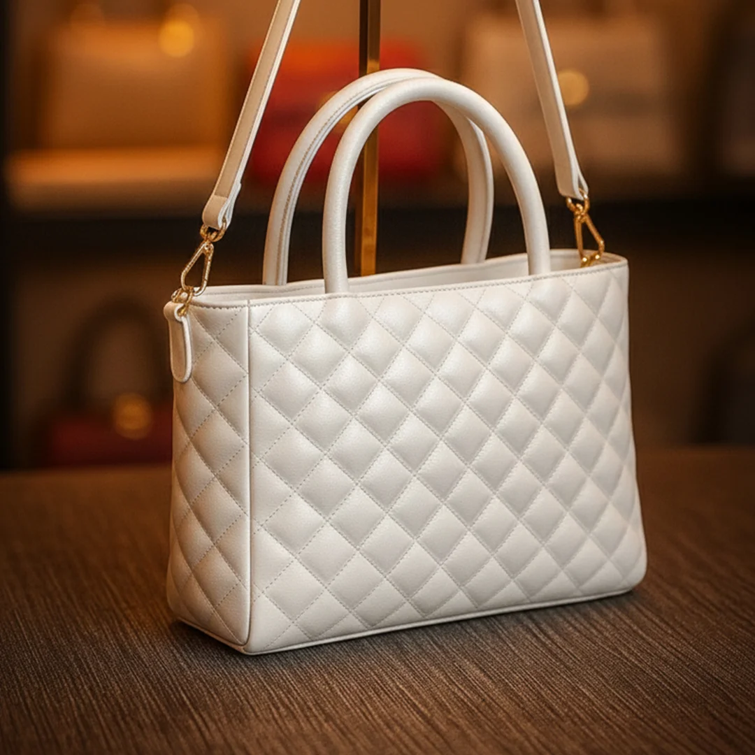 White quilted shoulder bag from Vibe Totes showing the front design and gold hardware.