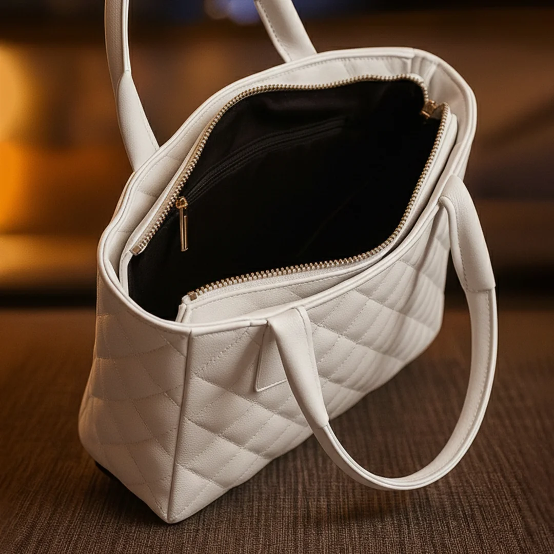 Interior view of a white quilted shoulder bag from Vibe Totes with spacious compartments.