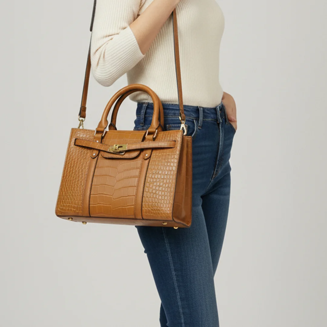 Women Carrying the Brown crocodile-Leather Shoulder bag with top handles from VibeTotes