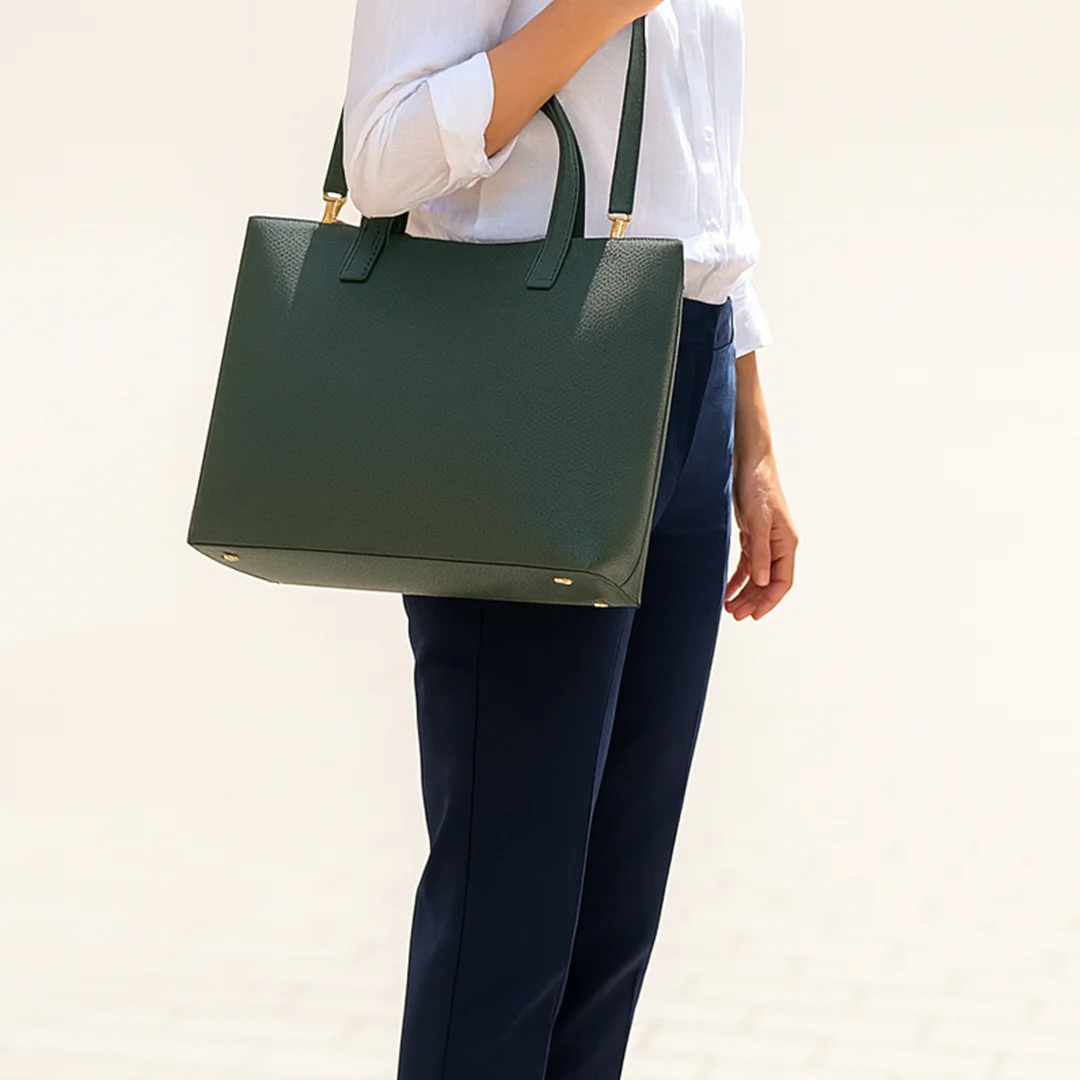 Woman carrying a dark green ladies tote bag from Vibe Totes