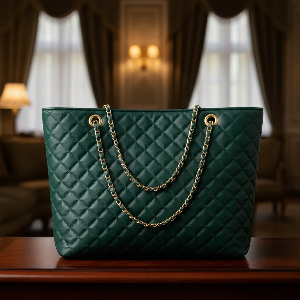 Deep green quilted tote bag for women with gold chain handles by VibeTotes Pakistan
