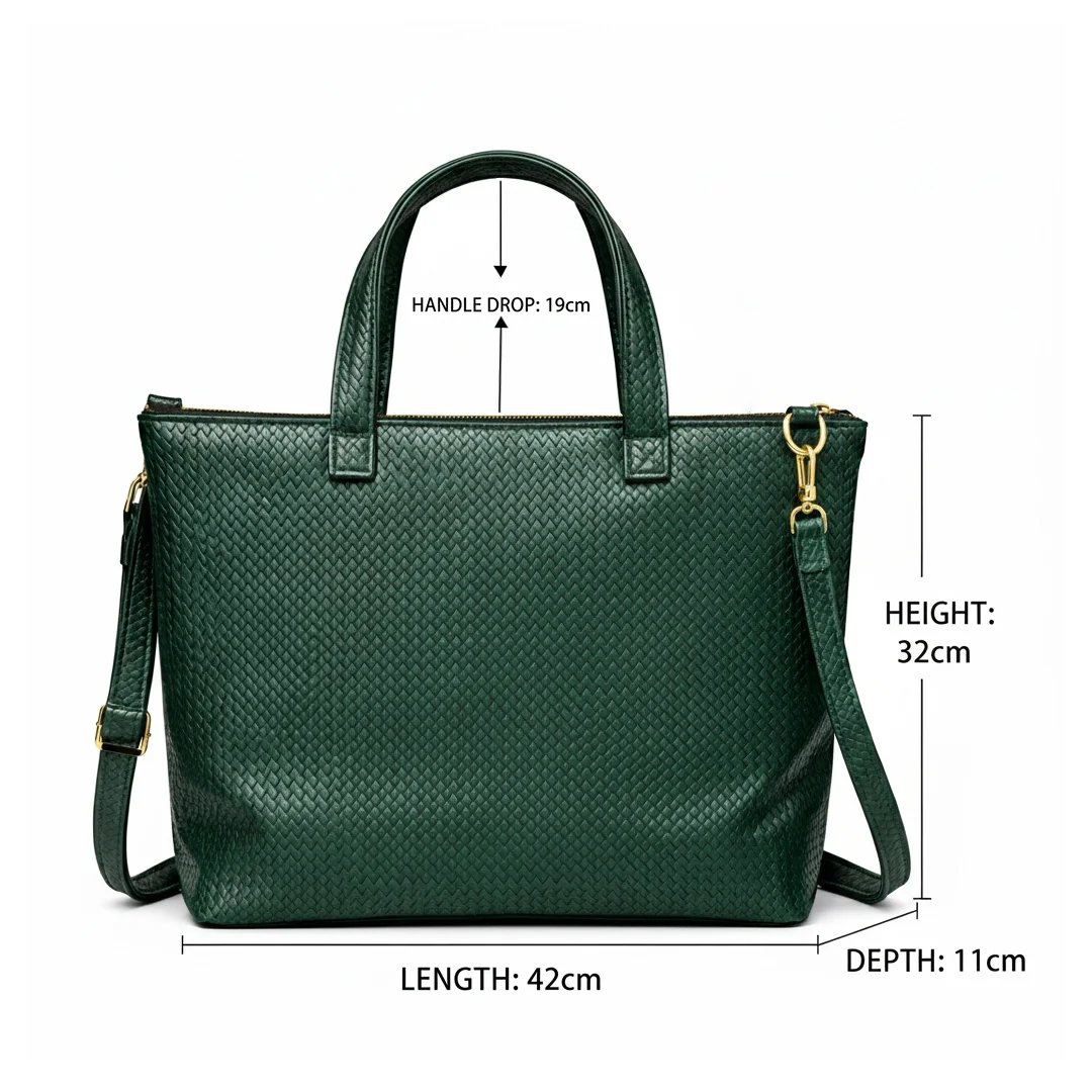 Stylish green ladies tote bag made of PU leather with spacious interior dimensions