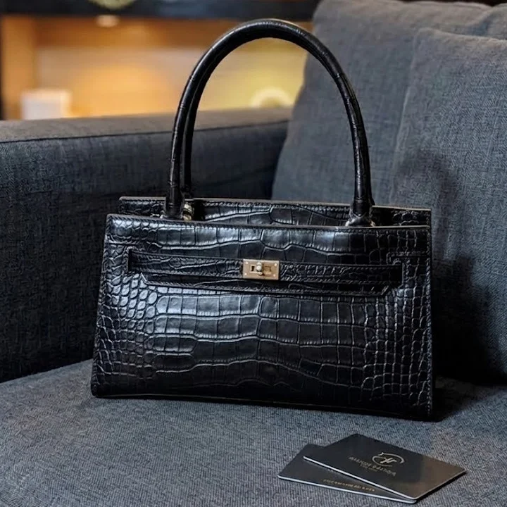 Main Picture of Black crocodile-Leather latitude Shoulder bag with top handles from VibeTotes