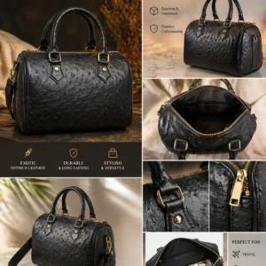 Black ostrich leather duffle bag | buy online for girl in pakistan from vibe totes