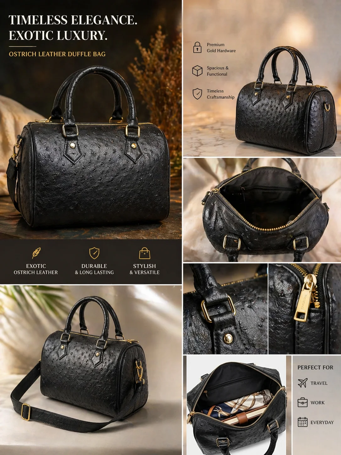 Black ostrich leather duffle bag | buy online for girl in pakistan from vibe totes
