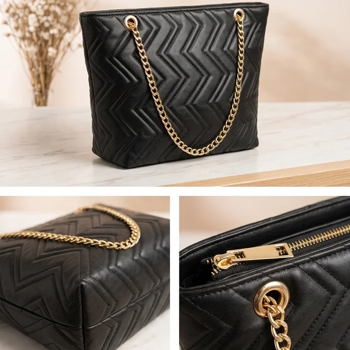 black quilted tote bag with lining syle for women with gold chain handles by VibeTotes Pakistan