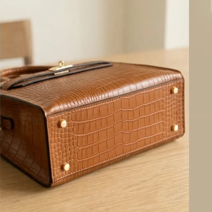 down view Picture of brown crocodile-Leather latitude Shoulder bag with top handles from VibeTotes