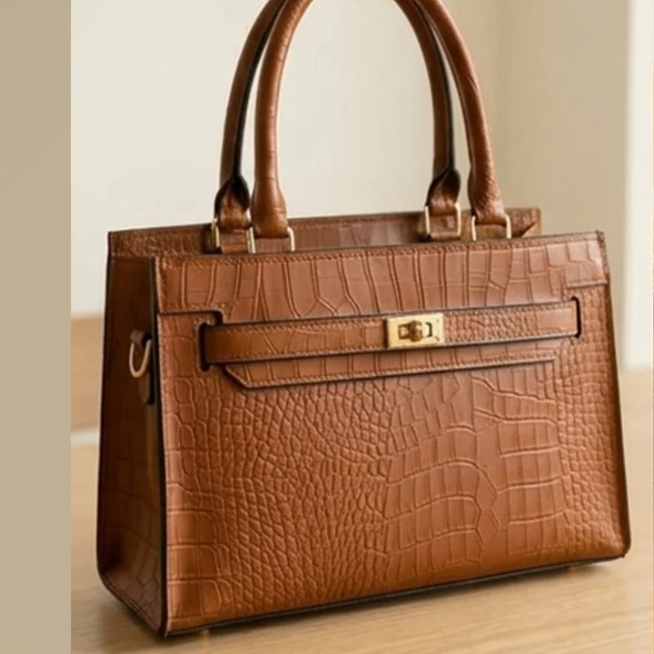 side view 3 Picture of brown crocodile-Leather latitude Shoulder bag with top handles from VibeTotes