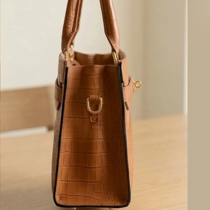 side view Picture of brown crocodile-Leather latitude Shoulder bag with top handles from VibeTotes