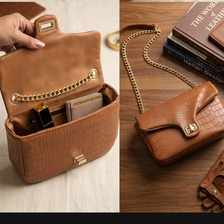 brown crocodile leather crossbody bag front view. | buy online at vibetotes