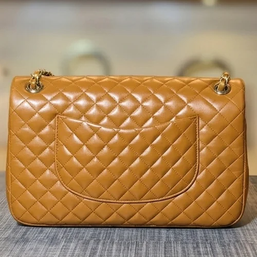 Brown quilted ladies shoulder bag with gold chain – back view