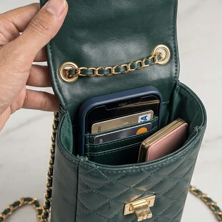 Inner view of green mobile wallet for girls. buy online at vibe totes