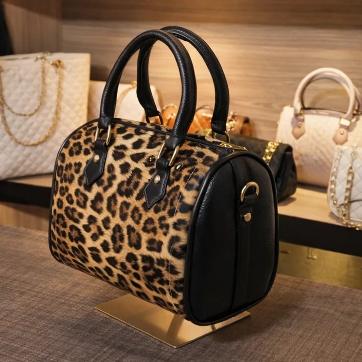 front view of Leopard print texture ladies crossbody duffle bag by Vibe Totes