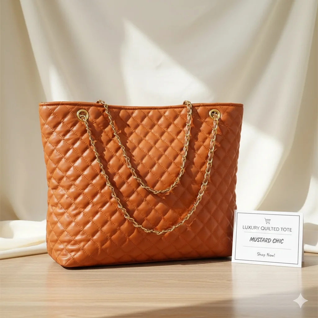 Mustard quilted tote bag for women with gold chain handles by VibeTotes Pakistan