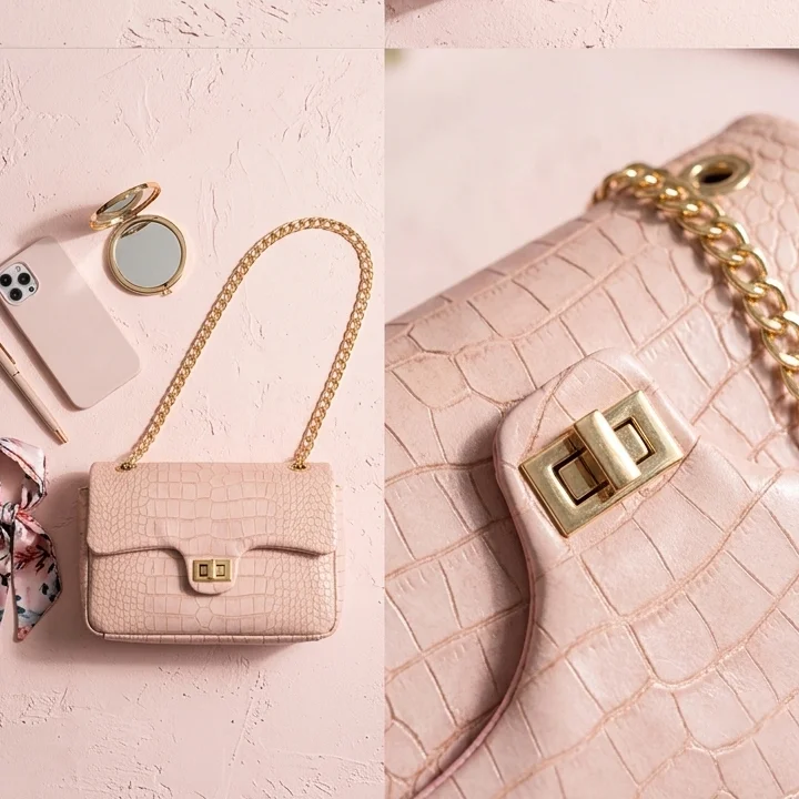 pink crocodile leather crossbody bag front view. | buy online at vibetotes