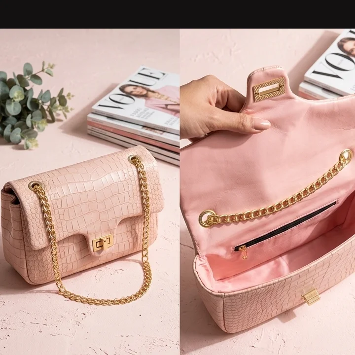 pink crocodile leather crossbody bag front view. | buy online at vibetotes