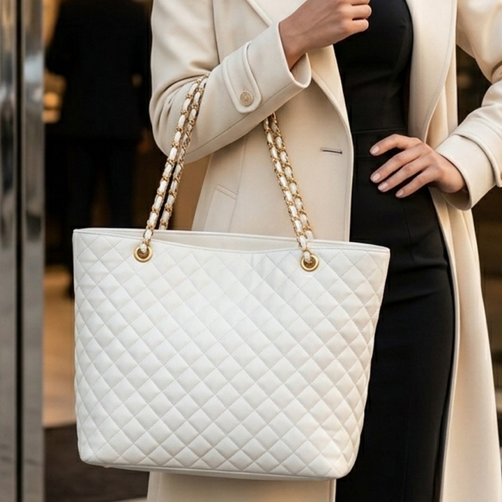 white quilted tote bag for women with gold chain handles by VibeTotes Pakistan